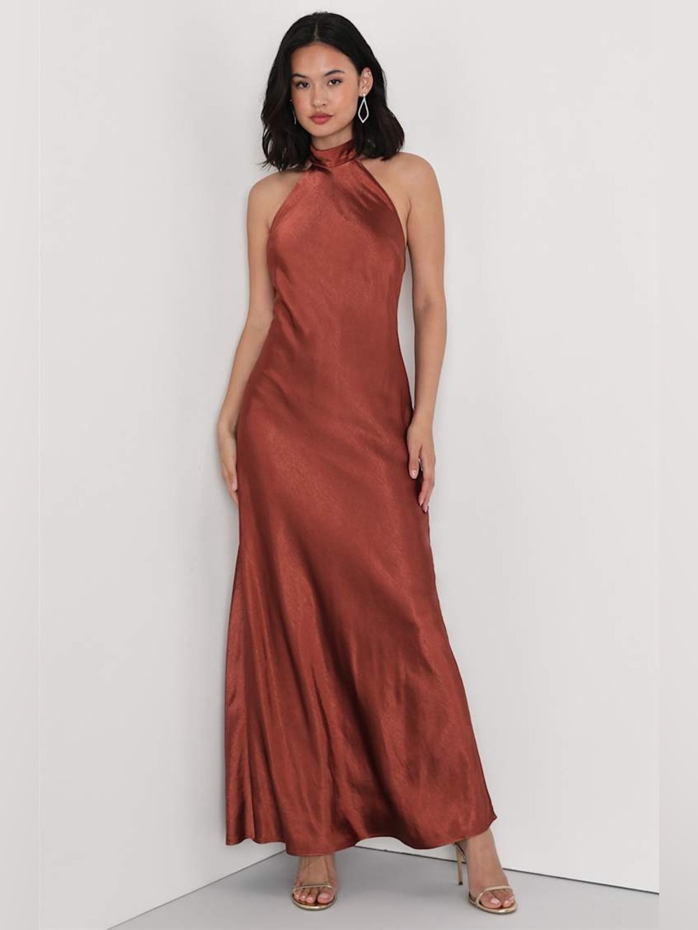 NWT Lulus Love in Your Life Rust Brown Satin Halter Maxi Dress